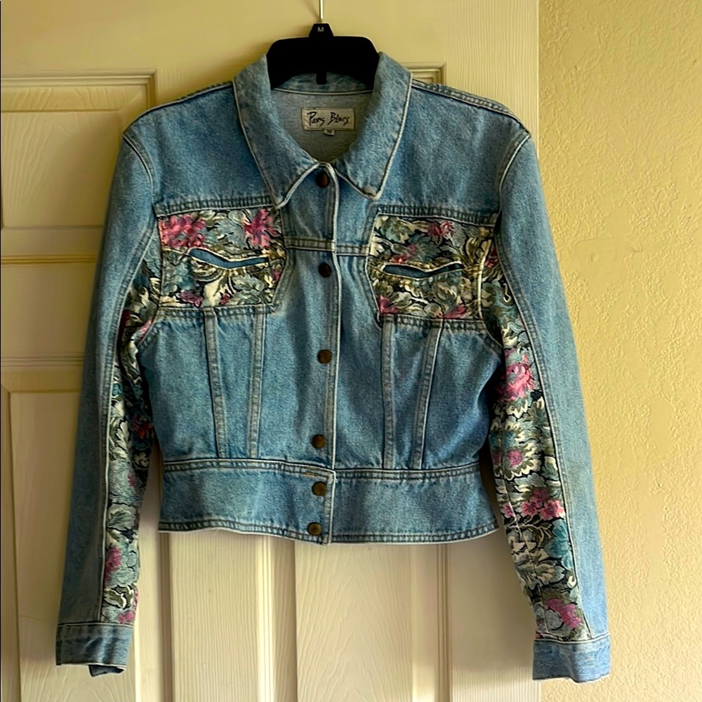 Vintage Paris blues Floral Denim Crop Jacket-Size M